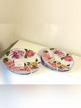 Shabby Chic Set of 8 Floral Melamine Dinner Plates 10.5” Pink Purple Flowers New
